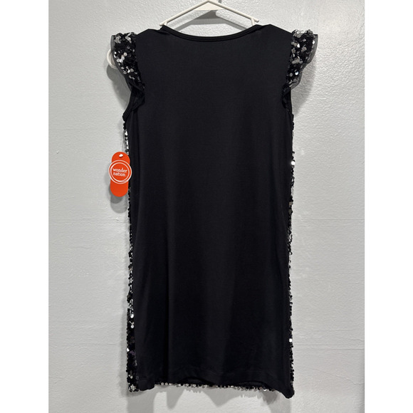 Wonder Nation Black Sequin Party Dress Girls Sz M (7-8) Cap Sleeve Mix Media - Picture 2 of 8
